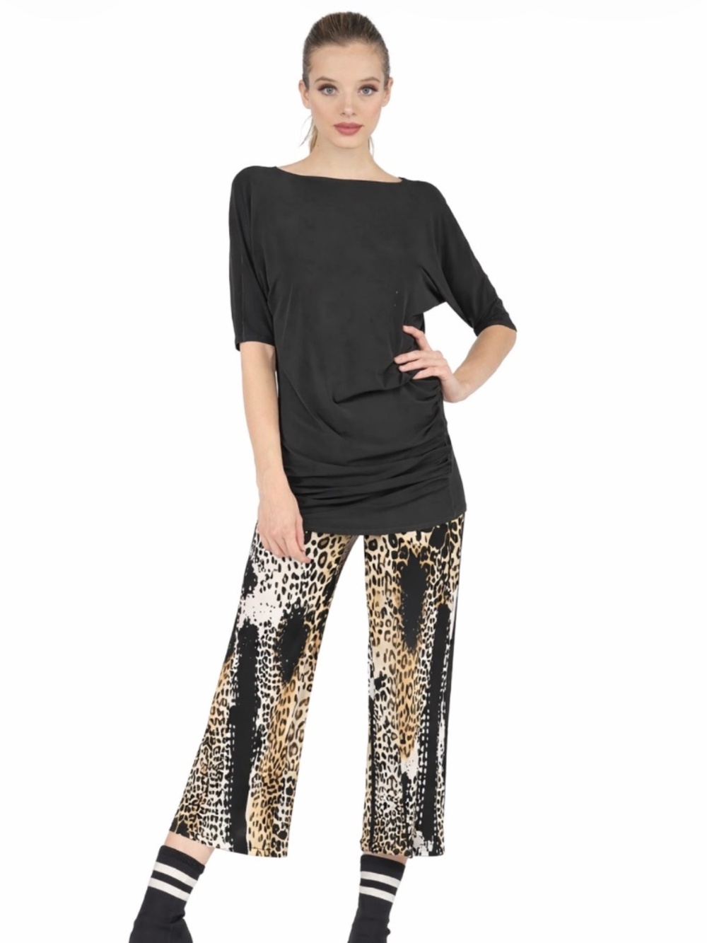 Yoke Straight Cropped Elastic Waist Pants